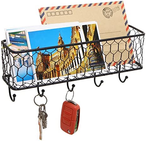 MyGift Wall Mounted Farmhouse Matte Black Chicken Wire Metal Entryway Mail Holder Letter Organizer Storage Basket with 5 Key Hooks