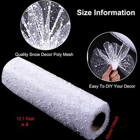 4 Rolls Christmas Poly Mesh Ribbon 10 Inch x 16 Yards, Snow Poly Mesh Ribbon Tree Decoration Mesh Ribbon Snowball Decorated Mesh Ribbon for Christmas Party Box Decoration (White)