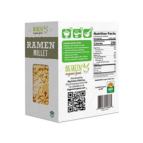 Big Green Organic Food- Organic Millet Ramen, Gluten-Free, Lectin-Free, Non-GMO, Vegan, 6g of Protein, Wheat and Rice Alternative, 9.8 oz (1)