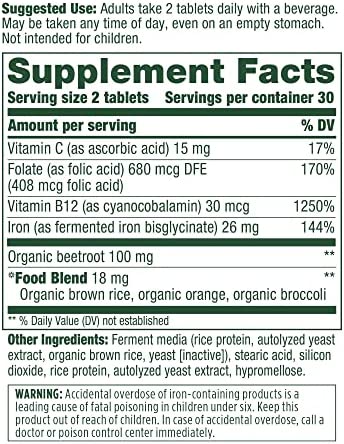 MegaFood Blood Builder Minis - Iron Supplement Shown to Increase Iron Levels Without Nausea or Constipation - Energy Support with Iron, Vitamin B12, and Folic Acid - Vegan - 60 Tabs (30 Servings)