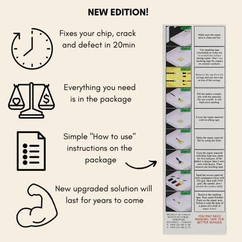 Granite, Porcelain & Marble Repair Kit - Standard White - Fix Chips & Defects in Minutes | Restore Tiles & Countertops with Ease | for Quartz, Corian, Acrlic and Fiberglass I Flawless Results