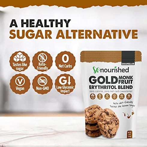 GOLD - Brown Sugar Alternative Substitute 1:1 Sugar Replacement - Monk Fruit Erythritol Sweetener for Low Carb Dieters and Diabetics - No Calorie Sweetener, Non-GMO (1 Pound)