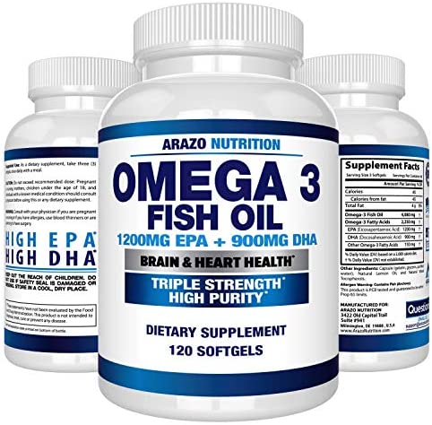 Omega 3 Fish Oil 4,080mg - High EPA 1200mg + DHA 900mg Triple Strength Burpless Softgels - Arazo Nutrition (120 Soft Gels)