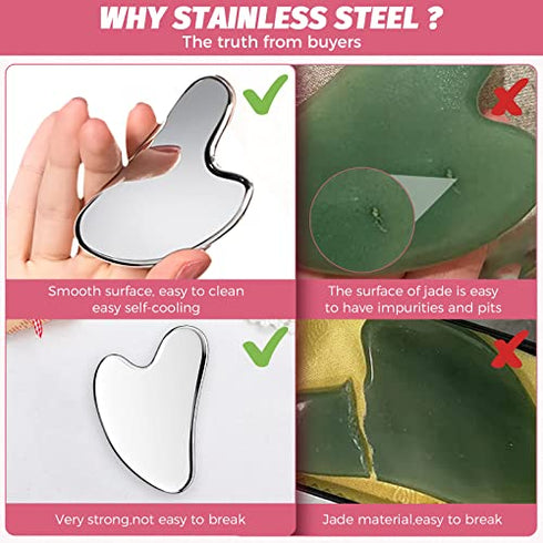 Gua Sha Facial Tool, Stainless Steel GuaSha Massage Tool Natural Universal Facial Beauty Silver Metal Gua Sha Board for SPA Acupuncture Tighten Skin Scraping Massage Tool for Face with Travel Pouch