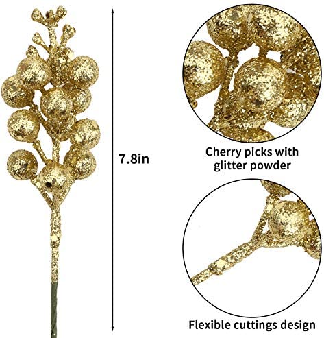 DIYASY Glitter Gold Berry Stems,20 Pcs 7.8 Inch Artificial Christmas Tree Picks Decoration and Christmas Tree Filler Ornaments,DIY Xmas Wreath, Holiday and Home Decor