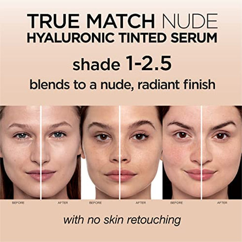 L'Oreal Paris True Match Nude Hyaluronic Tinted Serum Foundation with 1% Hyaluronic acid, Rosy Light 1-2.5, 1 fl. oz.