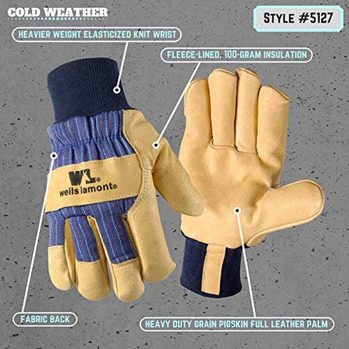 Men's Heavy Duty Leather Winter Work Gloves with Thinsulate Insulation (Wells Lamont 5127XL), Palomino with Black Back, X-Large