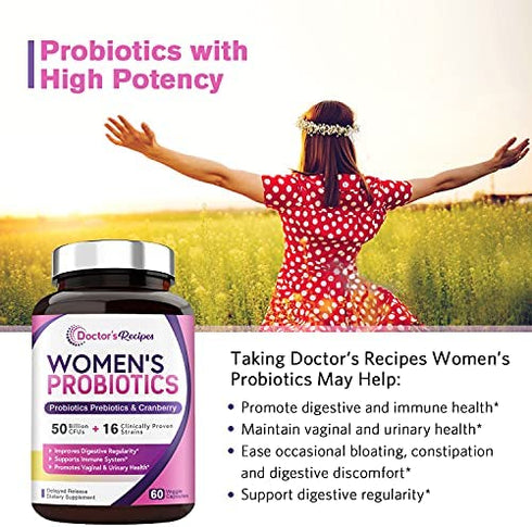 Doctor's Recipes Women’s Probiotic, 60 Caps 50 Billion CFU 16 Strains, with Organic Prebiotics Cranberry, Digestive Immune Vaginal & Urinary Health, Shelf Stable, Delayed Release, No Soy Gluten Dairy