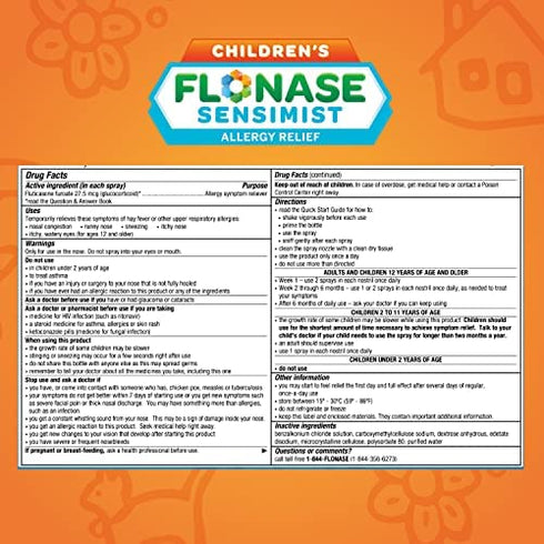 Flonase Sensimist Allergy Relief Nasal Spray for Children, 24 Hour Non Drowsy Allergy Medicine - 60 Gentle Sprays