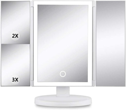 Makeup Mirror with Lights Vanity Mirror with Lights 37 LED Lighted Makeup Mirror Trifold Mirror 1X 2X 3X Magnification Touch Screen Switch 360 Degree Rotation Dual Power Supply