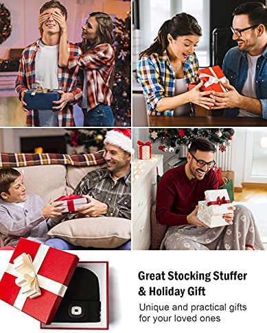 Bluetooth Beanie Hat with Light, Unisex USB Rechargeable 4 LED Headlamp Cap with Wireless Headphones, Unique Christmas Birthday Gifts for Men Him Husband Teen (Black)