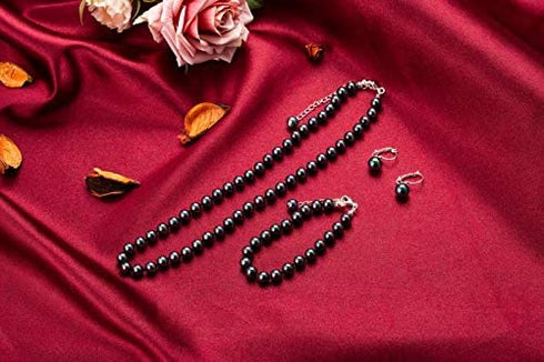 Rakumi Sterling silver 8mm Black Seashell Pearl Necklace Bracelet and Earrings Set for Women