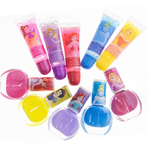 Townley Girl Disney Princess Sparkly Cosmetic Makeup Set for Girls with Lip Gloss Nail Polish Nail Stickers - 11 Pcs|Perfect for Parties Sleepovers Makeovers| Birthday Gift for Girls above 3 Yrs