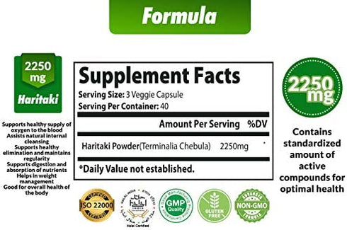 Organic India Haritaki Capsules 2250MG, Detoxification & Rejuvenation, Improving Digestion, Maintains Regularity, Internal Cleansing | Non-GMO Vegan Gluten-Free Herbs and Supplements, 120 Caps