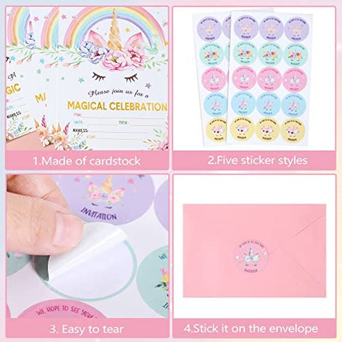 24 Pack Unicorn Birthday Invitation Unicorn Party Invitation Unicorn Invitation Card, 30 Rainbow Unicorn Sticker Labels, 24 Envelope Unicorn Party Supplies for Birthday ()
