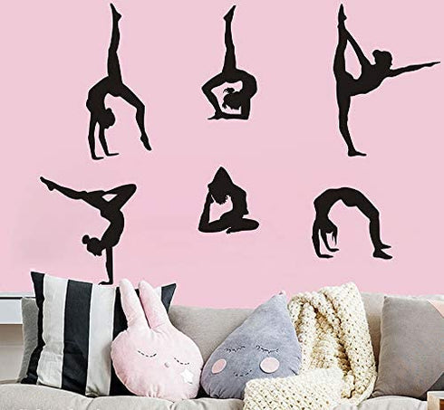 Gymnastics Wall Decals Silhouettes Sport Art Girl Vinyl Decals Wall Sticker Fits Kids Room Decor Home Wall Decor Set of 6 (7.87”H X 23.62”W)