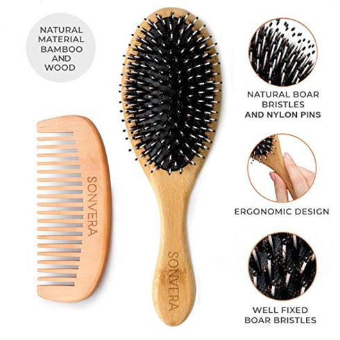 Bristle Hair Brush for Men's and Women's Hair - Boars Hair Brush for Thick Thin Curly Fine Hair - Detangling Brush Set with Wooden Hairbrush Bamboo Comb and Travel Bag