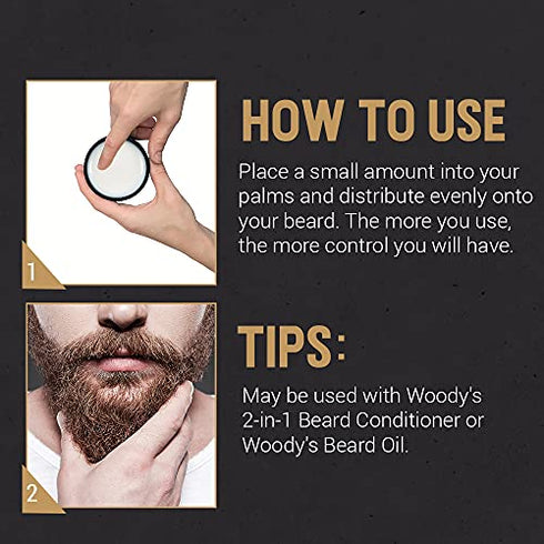Woody's 2-in-1 Beard Balm for Men, Beard Conditioner and Style Wax, with Blend of Coconut Oil, Panthenol, and Natural Beeswax 2-Ounce, 1-pack