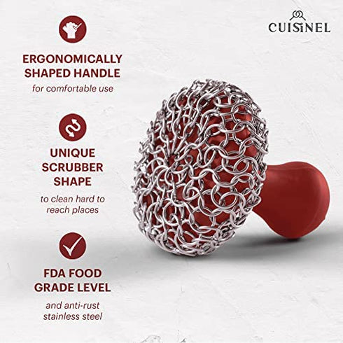Cast Iron Chainmail Scrubber + Pan Scraper - Ergonomic Stainless and Silicone Cleaner for Pots and Skillets - Premium Food-Safe Design - Easy to Clean Dishwasher Safe Cookware Sponge Kitchen Accessory