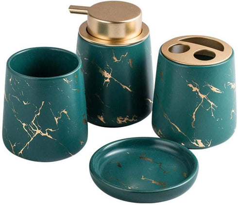 Bathroom Accessories Set ,4 Piece Toothbrush Holder Set Bath Accessories Set with Soap Dispenser, Tumbler, Soap Dish Ceramic Gift Set Luxury Bath Accessory (Dark green?four piece?)