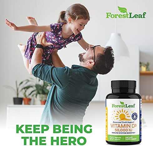 ForestLeaf - Vitamin D3 50,000 IU Weekly Supplement - 120 Vegetable Vitamin D Capsules for Bones, Teeth, and Immune Support - Easy Swallow Pure Vitamin D3 50000 IU- Non GMO Pills