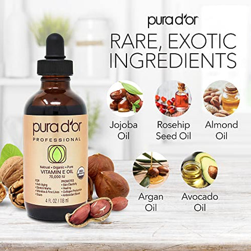 PURA D'OR Organic Vitamin E Oil Blend (4oz / 118mL) 70,000 IU 100% Pure Natural Hexane Free - Sweet Almond, Apricot, Jojoba, Argan, Rosehip, Sunflower & Avocado Oil For Scars, Skin, Face, Bath & Body