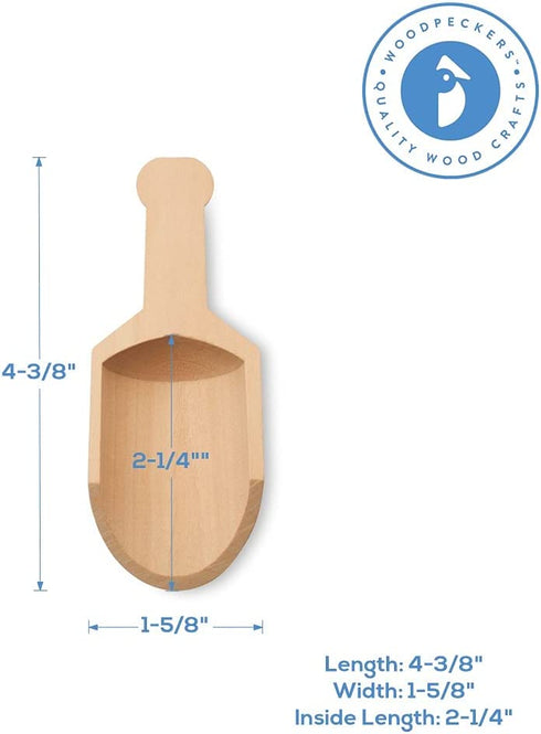 Wooden Scoopers 4-3/8 Inches Long, 15 Unfinished Small Wooden Scoops for Bath Salts, Mason Jars, Sensory Bins, Minerals, Candies, Sugar & Coffee, by Woodpeckers