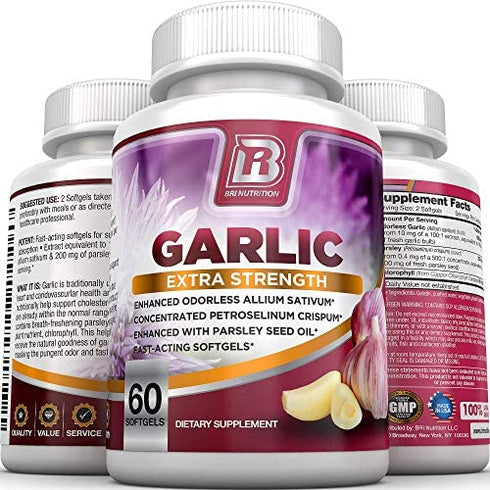 BRI Nutrition Odorless Garlic - 60 Softgels - 1000mg Pure and Potent Garlic Allium Sativum Supplement (Maximum Strength) - 30 Day Supply
