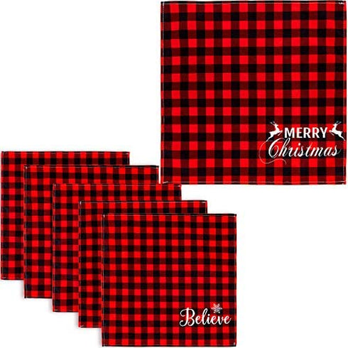 Whaline Christmas Cloth Napkins Red Black Buffalo Plaid Placemat 6 Pack Merry Christmas Dinner Table Napkins Reusable Washable Table Decoration for Home Kitchen Xmas Party, 3 Design, 18 x 18 Inch