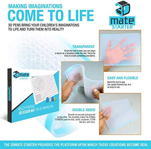 3Dmate Starter - Transparent 3D Pen Mat 9 x 7 Inches - Flexible Two-Sided Heat-Resistant Silicone - 3D Pen Accessories Compatible with Stencils - STEM Activity for Kids, Adults