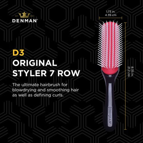 Denman Hair Brush for Curly Hair D3 (Black) 7 Row Classic Styling Brush for Detangling, Separating, Shaping and Defining Curls