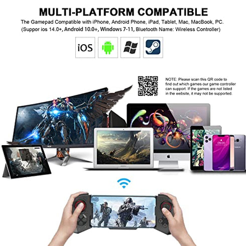 Joso Mobile Game Controller for iPhone, iOS, Android, PC, Bluetooth Gaming Gamepad for iPhone13/12/11/X, iPad, iPad Mini/Air/Pro, Mac, MacBook, Tablet, Samsung Galaxy, COD Mobile, Apex - Direct Play