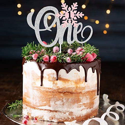 Snowflake One Cake Topper & 24 pcs Snowflake Cupcake Toppers- Winter Onederland Cake Topper, Winter Onederland 1st Birthday Girl Decorations?Silver Pink Glitter?