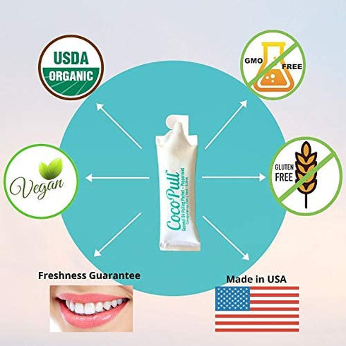 CocoPull - Organic Oil Pulling 14 Packets/Sachets with Coconut Oil and Peppermint Oil for Healthy Teeth, Gums, Bad Breath Remedy. Natural Teeth Whitening.