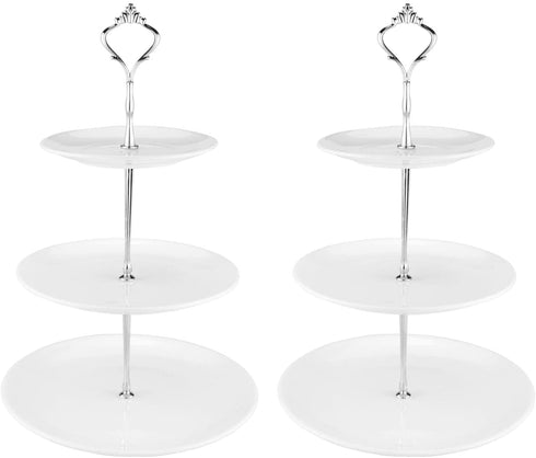 Tebery 2 Pack Ceramic Cake Stand Dessert Display Tower Stand - 6, 8, 10 Inches, 3-Tier Serving Tray Platter Party Food Server Display Holder with Silver Carry Holder