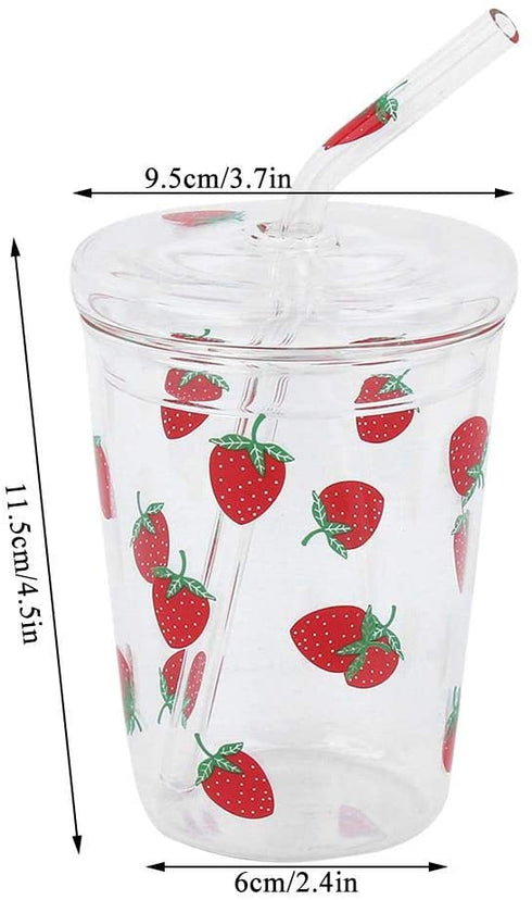 300ml Glass Water Cup with Straw and Lid, Cute Strawberry Mug Glass Milk Bottle Water Juice Smoothie Drinking Cup for Home Office School