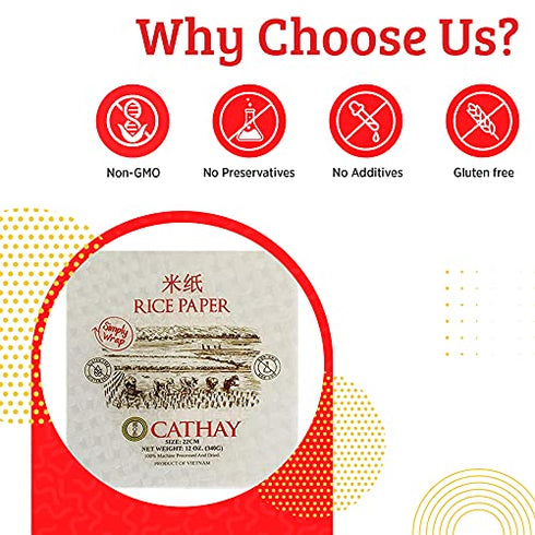 Cathay Fresh Spring Roll Rice Paper Wrappers, Rice Paper Wrappers for Fresh Rolls-30 Sheets, Non-GMO, Gluten-Free, Low Carb, Vietnamese Summer Wrap with Natural Ingredients,Veggie Wrap (Square, 22cm)