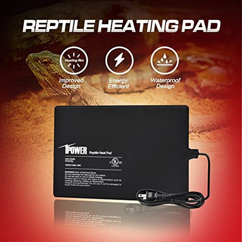 iPower Reptile Heat Pad 8X12 Inch 16W Under Tank Terrarium Warmer Heating Mat for for Turtle, Lizard, Frog, Snake, Reptile, and Other Small Animals