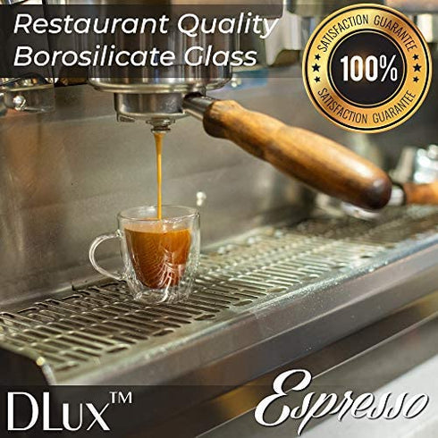 DLux Espresso Coffee Cups 3oz, Double Wall, Clear Glass Set of 2 Glasses with Handles, Insulated Borosilicate Glassware Tea Cup