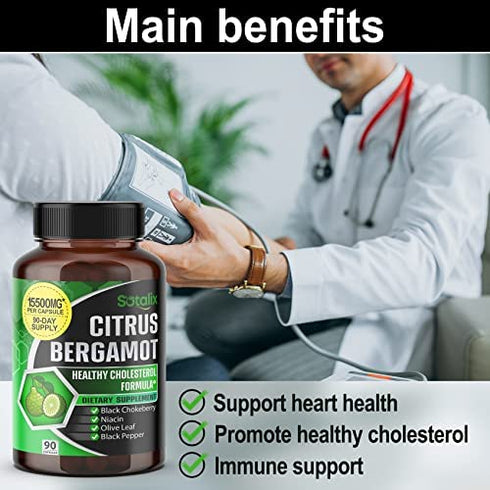 Premium Citrus Bergamot 15500 mg Organic Cholesterol Supplement with Niacin Black Chokeberry Olive Leaf Black Pepper - Heart & Cardiovascular Health Support 90-Day Support (90 Count (Pack 1))