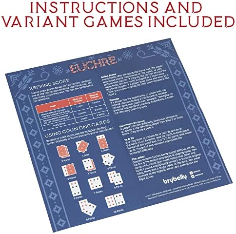 Euchre Card Game - 2 Specialty Decks Pre-Stripped to 33 Cards for Classic American Euchre or 32 Card 6-Player Variant - Custom Bower Jacks Card Art and Blank Counter Cards Included