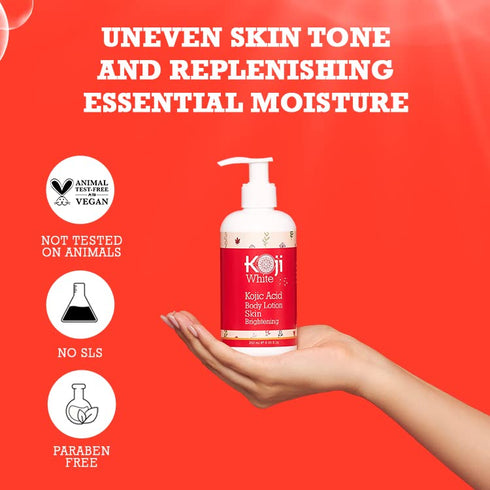 Koji White Kojic Acid Skin Brightening Body Lotion - Daily Moisturizer & Glowing Skin, Dark Spots, Uneven Skin Tone, Vegan & Cruelty Free, Dermatologist Tested, 8.45 Ounce Bottle