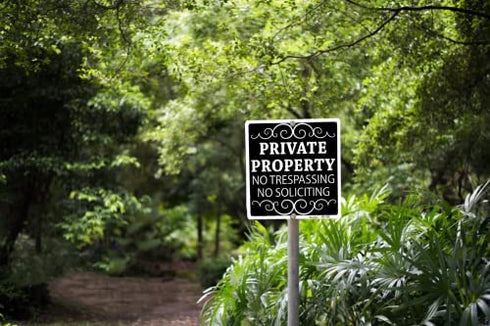 Metal Private Property No Trespassing Sign No Soliciting Sign for House 9"x9" Rust Free Aluminum UV Ink Printed,Durable/Weatherproof (2 Pack)
