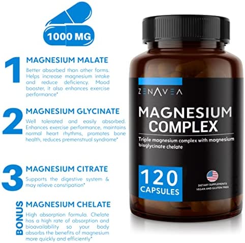 Triple Magnesium Complex Supplement(120 Vegan Capsules) - 1000mg of Magnesium Glycinate Malate and Citrate for Max Absorption TRAACS® - Calm Magnesium Complex Supplements