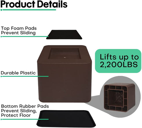 FONDDI 3 Inch Bed and Furniture Risers - Heavy Duty Plastic Lifts for Sofa, Chair, Table, Desk, Couch, Dorm - 4 Pack, Dark Brown