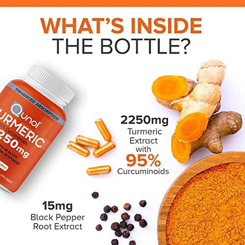 Turmeric Curcumin with Black Pepper, Qunol 2250mg Turmeric Extract with 95% Curcuminoids, Extra Strength Supplement, Enhanced Absorption, Supports Healthy Inflammation Response, 90 Vegetarian Capsules