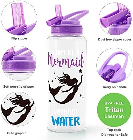 Home Tune 32oz Motivational Water Bottle with Straw & Time Marker, BPA FREE Tritan & Dustproof Flip Straw & Leak Proof & Carry Handle & Pretty Design & Easy Clean (Mermaid)