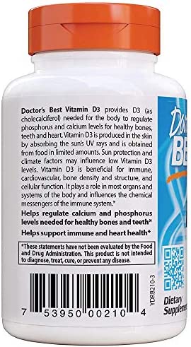 Doctor's Best Vitamin D3 2 000 IU Healthy Bones Teeth Heart Immune Support NonGMO GlutenFree Soy Free , 180 Count