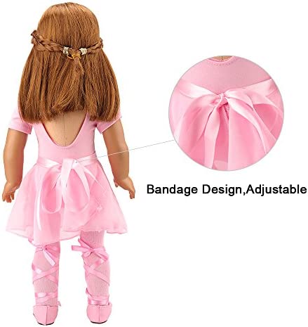BARWA 18 Inch Doll Clothes Ballet Ballerina Outfits Dance Dress Custume Compatible with 18 Inch Dolls - 4 PCS Pink Leotard with Tutu Skirt, Tights and Ballet Shoes
