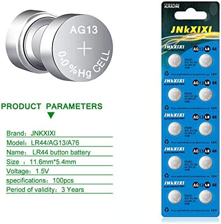 JNKXIXI 100 Pack LR44 AG13 357 Battery 1.5V SR44 A76 GP76 Lr 44b L1154c 303 Ornament Batteries Button Coin Cell Batteries